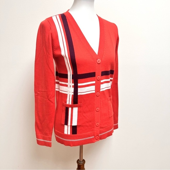 Casall Swedish Mod Striped Button Front V-neck Cardigan Sweater - Picture 2 of 8